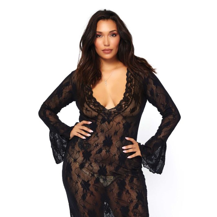 Lange Kanten Jurk met V-Hals Queen Size - Zwart-lange-kanten-jurk-met-v-hals-queen-size-zwart-1_1.jpg