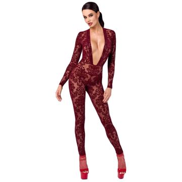 Strakke Jumpsuit met Fluweelachtige Flockprint - Bordeauxrood