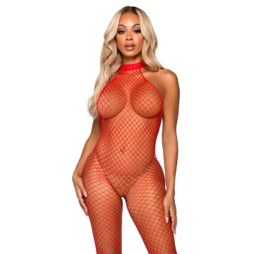 Industriële Visnet Bodystocking Met Halternek & Blote Rug Rood