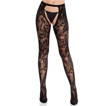 Kruisloze Kanten Panty met Rozenpatroon - Zwart