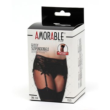 Glossy Jarretel Gordel met G-String en Kousen - Zwart